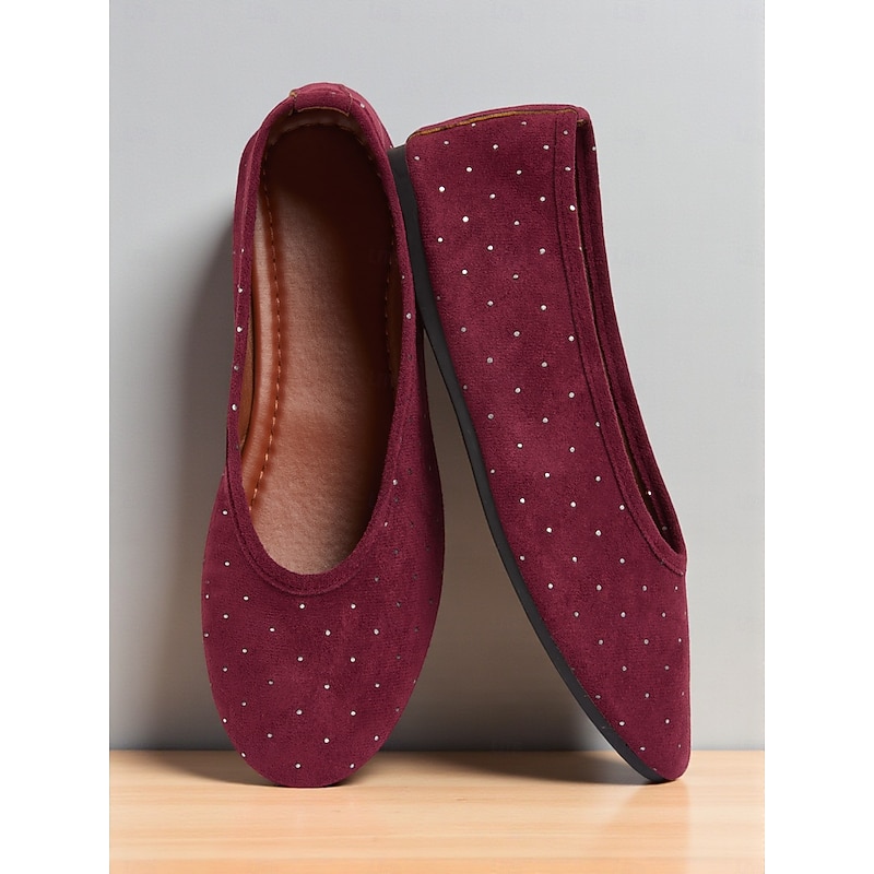 Women's Burgundy Slip-On Flats with Sparkling Rhinestone Accents, Casual Shoes for Daily Wear and Christmas Celebrations