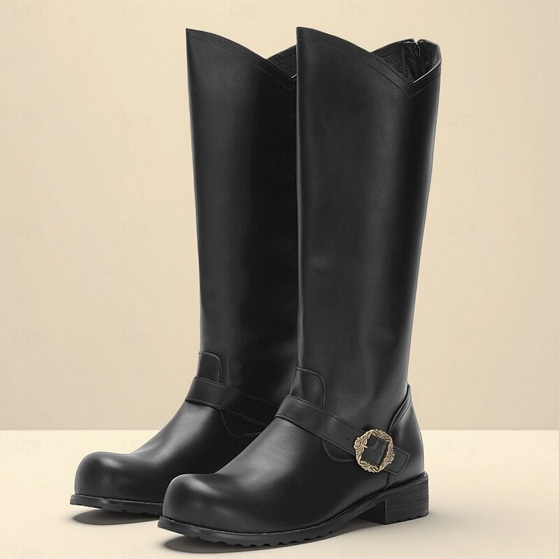 Men's Black Genuine Leather Tall Riding Boots with Buckle Detail – Classic Medieval Inspired Knee High Boots for Festivals, Stage Performance and Halloween Costumes