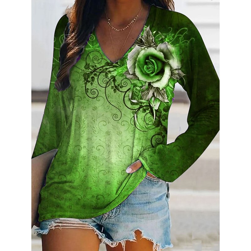 Halloween Women's T Shirt Graphic Rose Vintage Stylish Classic Long Sleeve V Neck Regular Tops Daily Print Pink Purple Green Spring Fall2