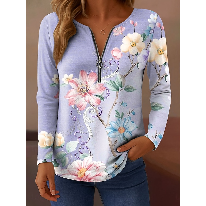 Women's T Shirt Floral Graphic Plants Elegant Vintage Stylish Long Sleeve V Neck Regular Tops Daily Weekend Zipper Print Pink Blue Purple Green Summer Spring Fall