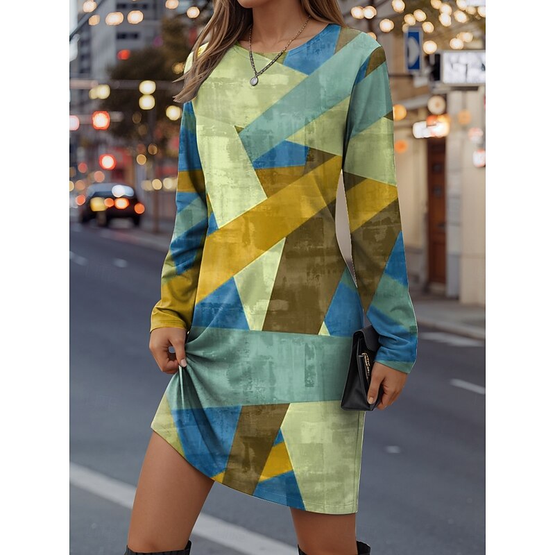 Women's Mini Dress T Shirt Dress Tee Dress Shift Dress Casual Daily Regular Fit Graphic Geometric Long Sleeve Crew Neck Yellow Red Royal Blue Blue Spring Fall Winter3