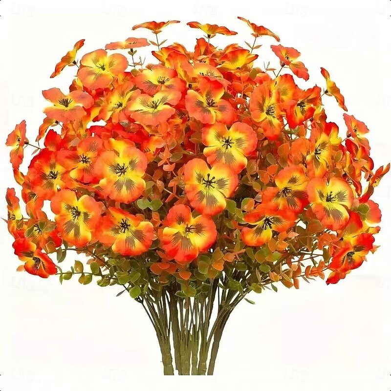 8 Bundles Artificial Fall Flowers, Faux Eucalyptus, Pansies and Butterfly Orchids, UV Resistant Outdoor Fake Plants for Garden, Porch, Patio, Front Door, Window Box & Yard Decorations4