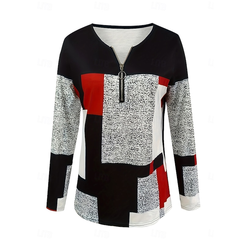 Women's T Shirt Graphic Geometric Color Block Elegant Vintage Stylish Long Sleeve V Neck Regular Tops Daily Weekend Zipper Print Wine Spring Fall2