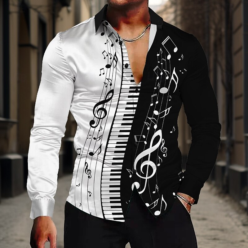 Men's Musical Notes Shirt Button Up Shirt Long Sleeve Casual Formal Summer Spring Fall Turndown Buttons Print White Blue Purple Apricot