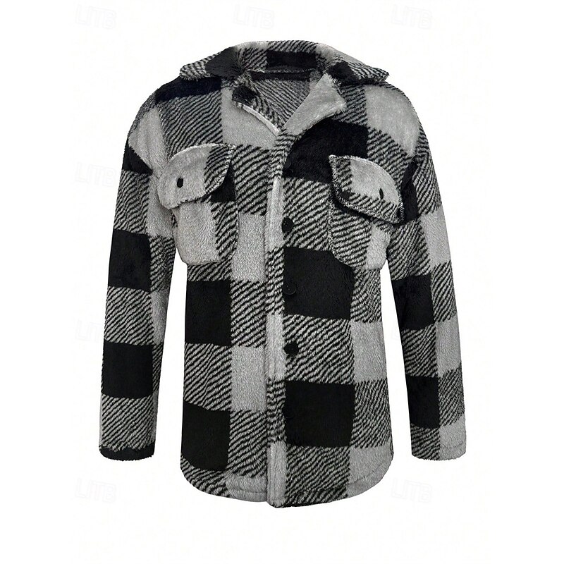 Men's Shirt Jacket Fleece Jacket Casual Jacket Vacation Daily Thermal Warm Pocket Fall Winter Plaid Fashion Classic Lapel Regular Dark Gray Jacket2