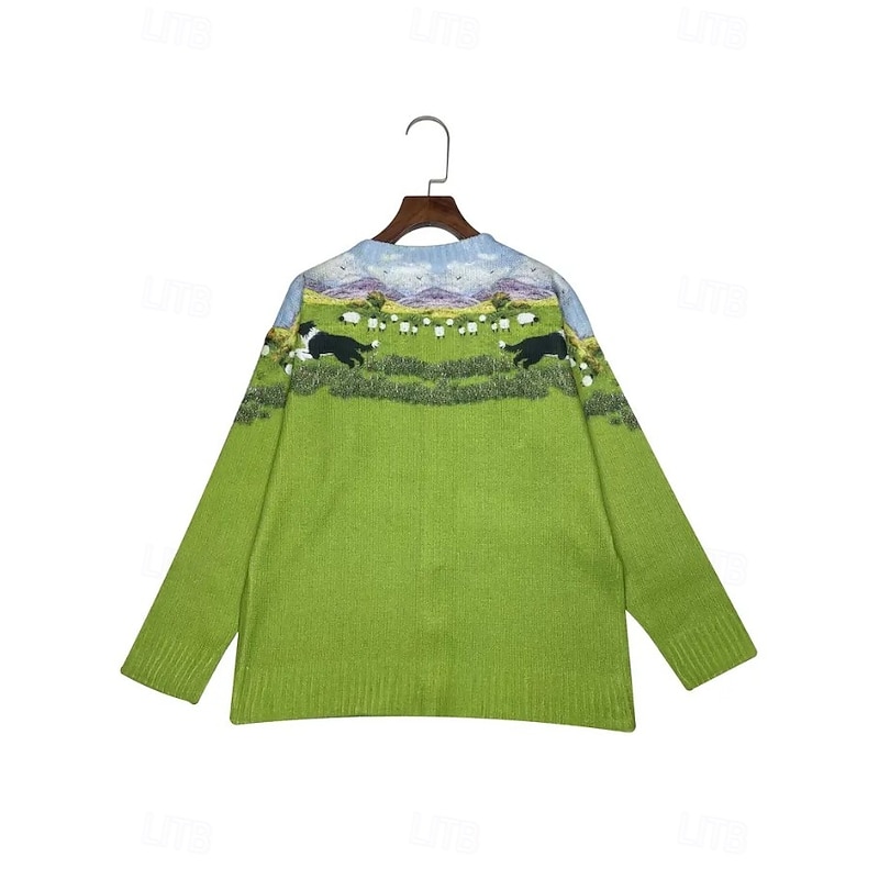 Women's Cardigan Sweater Knitted Ribbed Button Front Round Neck Long Sleeve Lightweight female Daily Animal Crew Neck V Neck Buttons Print Long Tops Knit Outdoor Weekend Green Fall Winter3