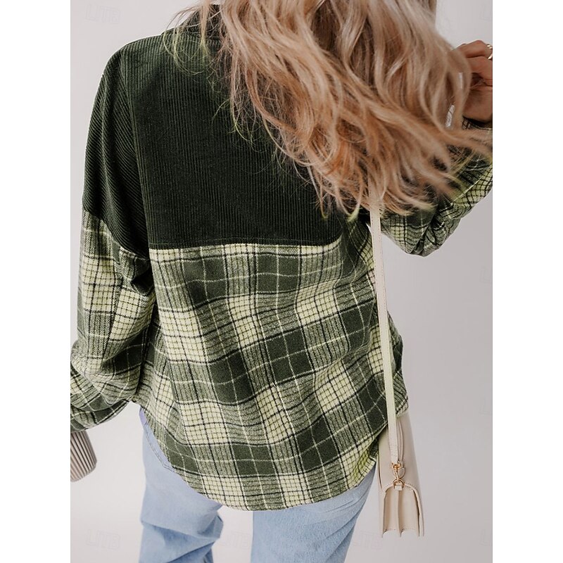 Women's Shirt Jacket Comfortable Patchwork Active Fashion Casual Lattice School Outdoor Vacation Home Buttoned Front Regular Turndown Loose Fit Long Sleeve Outerwear lattice Spring Fall4