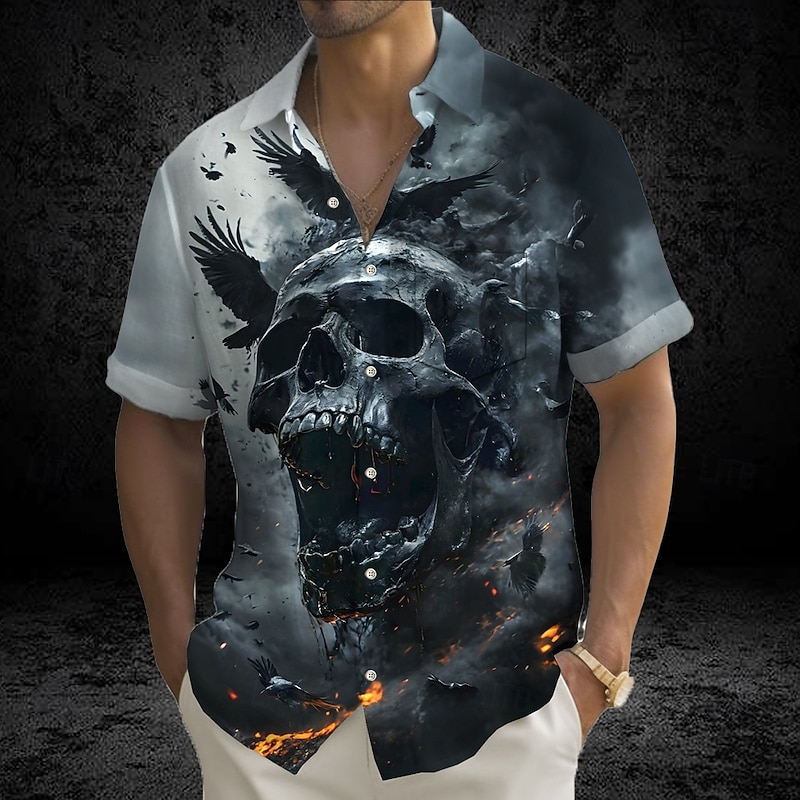 Halloween Men's Skull Death Halloween Costumes Shirt Summer Shirt Button Up Shirt Short Sleeve Dark Gothic Style Holiday Summer Spring Turndown 3D Print Collared Shirts Front One Pocket Brown Dark2