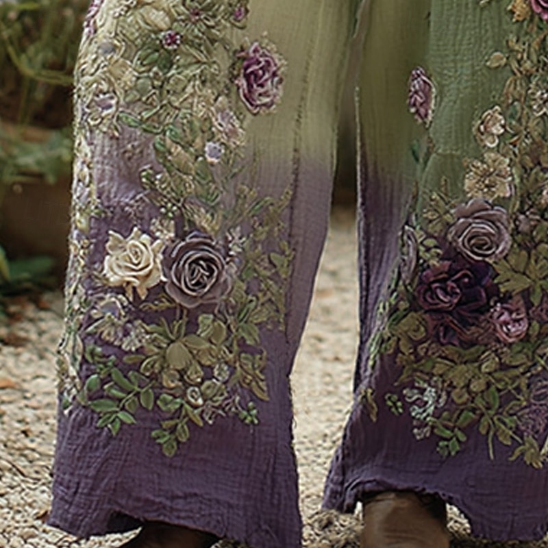 Women's Wide Leg Pants Trousers Palazzo Pants Vintage Boho Full Length High Waist Flower Elastic Waist Printing Breathability Comfortable Street Daily Wear Going out Green Spring Fall Regular Fit3
