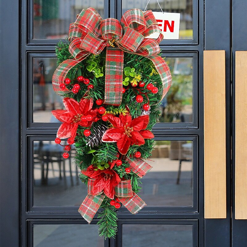 Christmas Hanging Flower Tree Classic Red and Green Plaid Wreath Door Hanging Mall Hotel Holiday Decoration Perfect Festive Christmas Floral Ornament