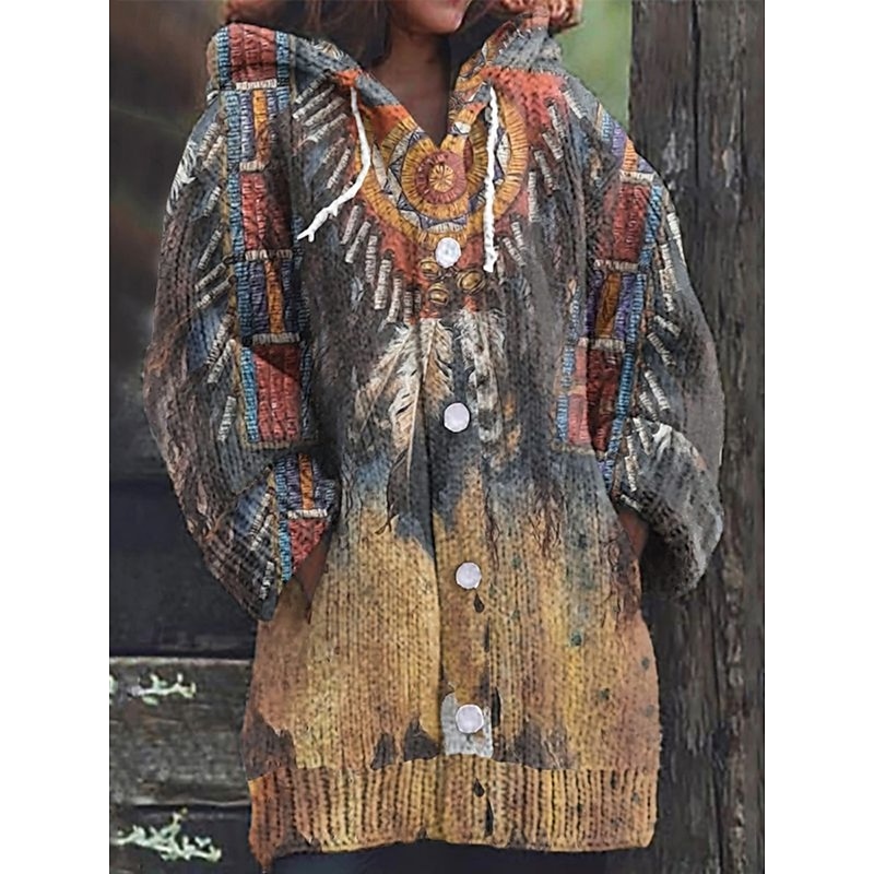 Women's Cardigan Vacation Vintage Daily Graphic Geometric Color Block Ribbed Hooded Knitted Print Front Pocket Long Sleeve Regular Tops Knit Outdoor Daily Holiday Khaki Beige Fall Winter2