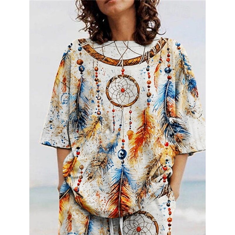 Women's Bohemia Vacation Pants Sets 3/4 Length Sleeve Crew Neck Graphic Print Vacation Daily Holiday Khaki Summer Regular Fit3