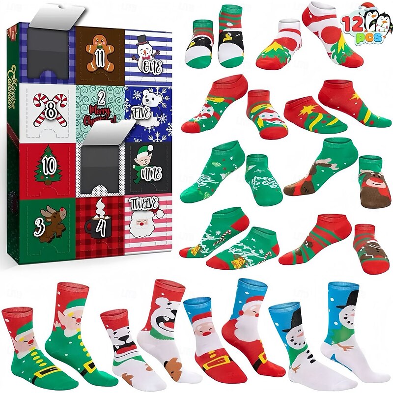 Christmas Socks Advent Calendar for Kids, 12/24 Pair of Christmas Crew Socks Funny Socks Countdown to 2024 Christmas, 24 Days Surprise Christmas Gifts Warm Cotton Socks4