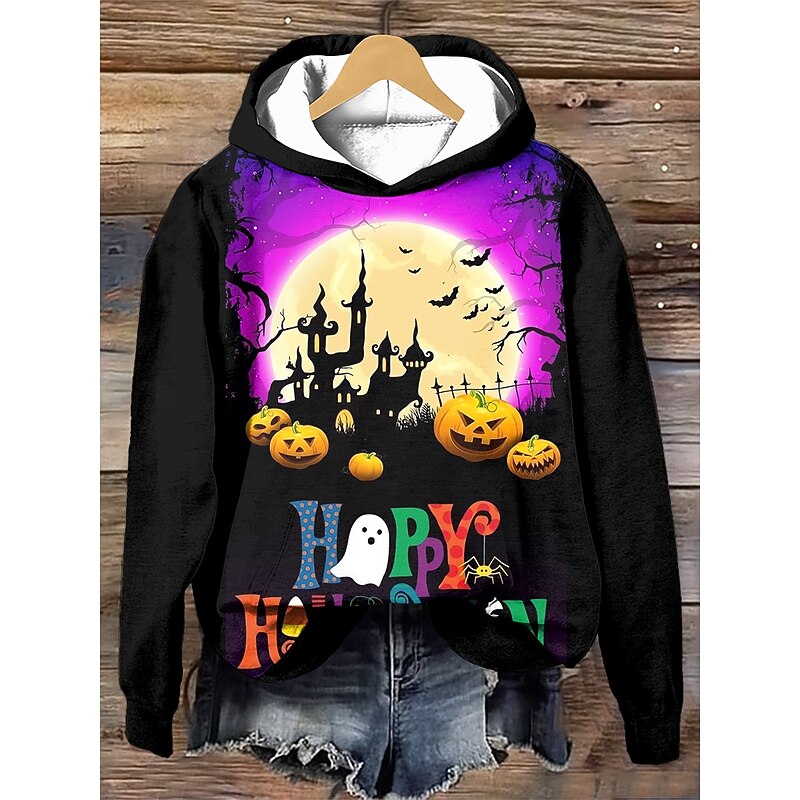 Halloween Women's Hoodie Pullover Sweatshirt Oversized Long Sleeve Casual Pumpkin Graphic Skull Fashion Print Hooded Street Dailywear Drawstring Print White Blue Purple Orange Brown Fall W2