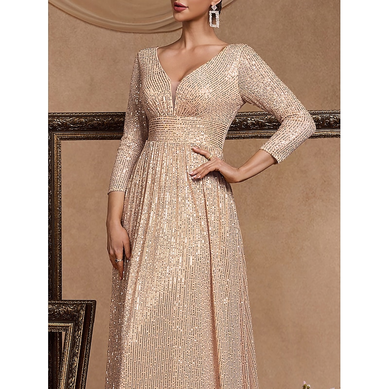A-Line Evening Gown Party Dress Evening Party Floor Length 3/4 Length Sleeve V Neck Sequined with Sequin3