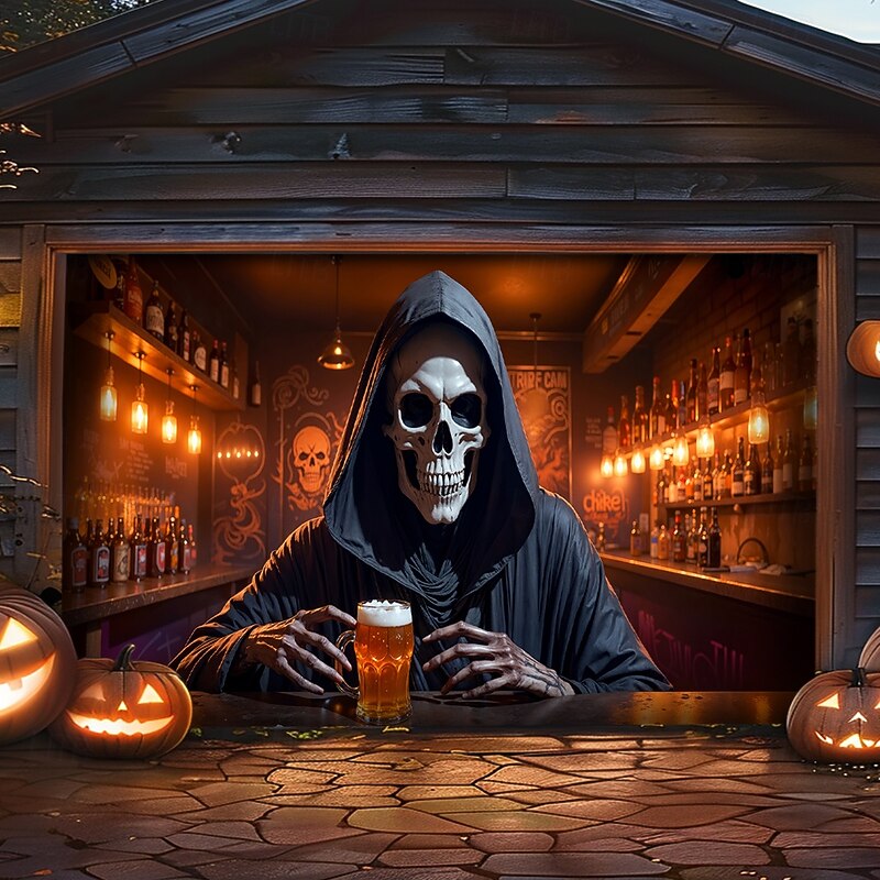 Halloween Garage Door Cover Large Hanging Backdrop Grim Reaper 3D Dark Punk Gothic Style Party Outdoor Shooting Backgrounds Front Door Home Decor2