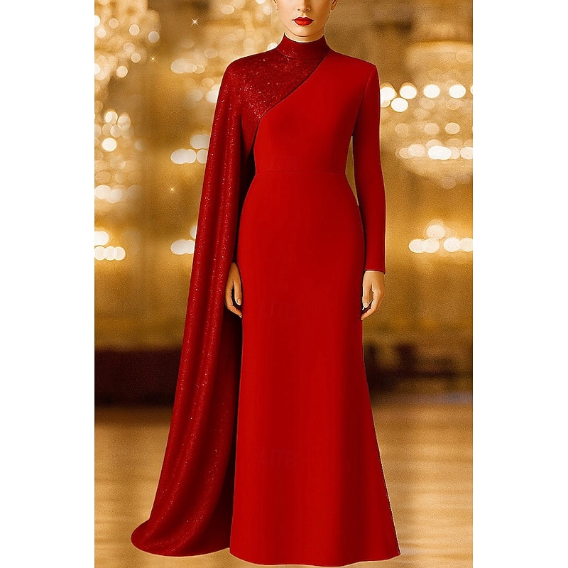 Black Tie A-Line Cape Dress Evening Gown Elegant Dress Stretch Crepe Formal Wedding Sweep / Brush Train Long Sleeve High Neck Sequined with Pleats 2025