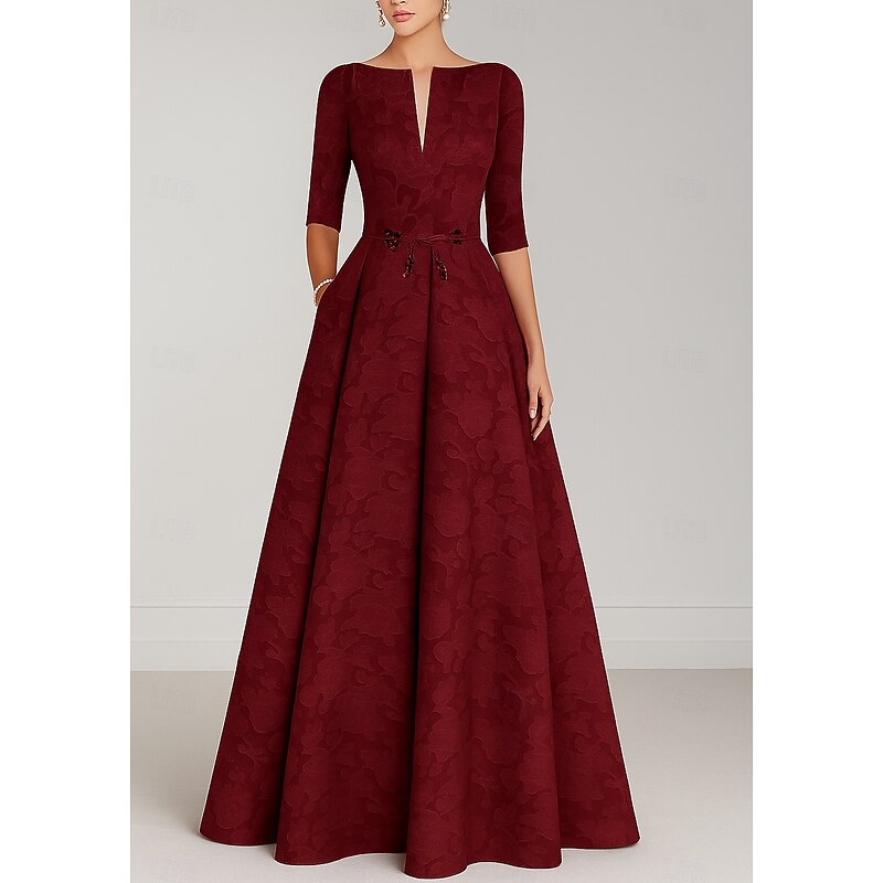 Burgundy Blue A-Line Mother of the Bride Evening Gown Elegant Dress Formal Wedding Floor Length Half Sleeve V Neck Pocket Satin with Bow(s) Strappy