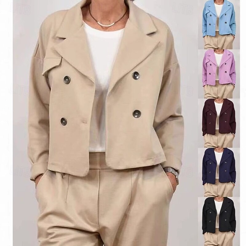 Women's Casual Jacket Comfortable Breathable Buttons Casual Plain Vacation Street Casual Daily Wear Double Breasted Short Turndown Regular Fit Long Sleeve Outerwear Pink Sky Blue Green Spring Fall