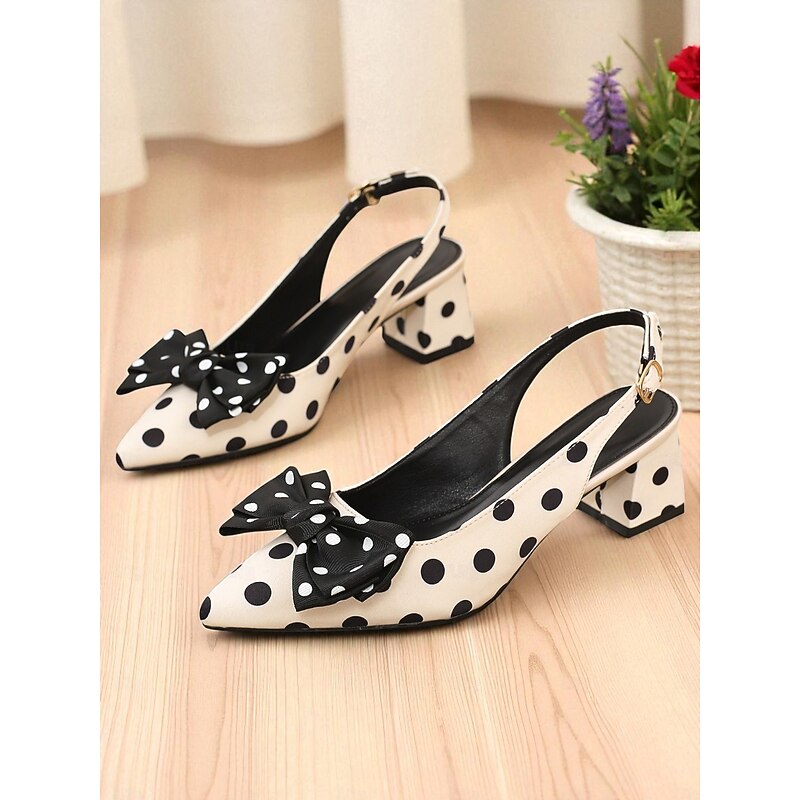 Women's Polka Dot Slingback Pumps - Beige and Black Satin Pointed Toe Block Heel Shoes with Bow Detail, 1950s Retro Chic Style for Parties, Office Wear and Spring Summer Outfits