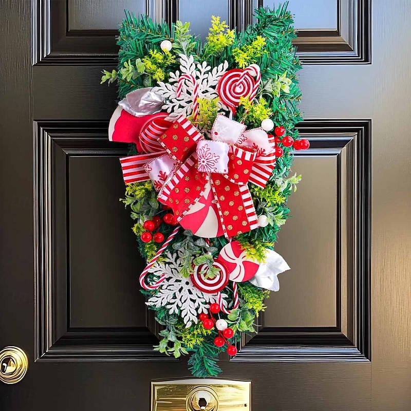 Christmas Wreath for Front Door Xmas Indoor Outdoor Decoration with Inverted Christmas Tree Candy Hanging Wall Ornament for Holiday Home Mall Party Display