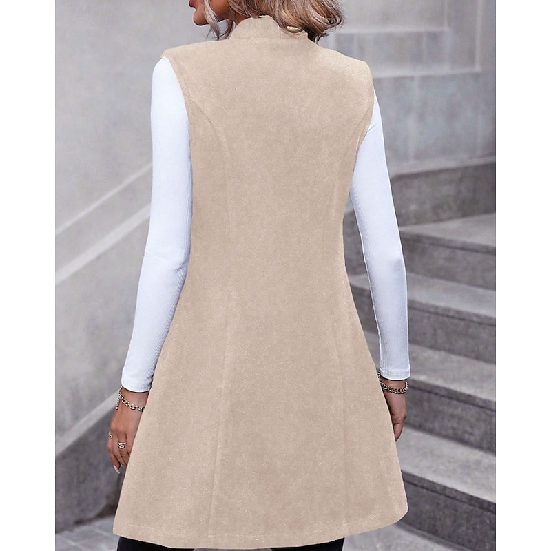 Women's Vest Blazer Comfortable Buttons Fashion Outdoor Plain Holiday Going out Weekend Single Breasted Long Stand Collar Regular Fit Sleeveless Outerwear Black Red Apricot Fall Winter4