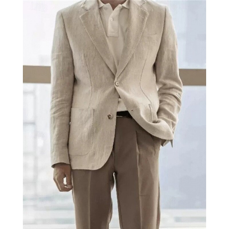 Men's Linen Blazer Blazer Business Cocktail Party Wedding Party Fashion Casual Spring Fall 30% Linen 60% Polyester Plain Pocket Buttons Comfortable Single Breasted Blazer Navy Blue Beige3
