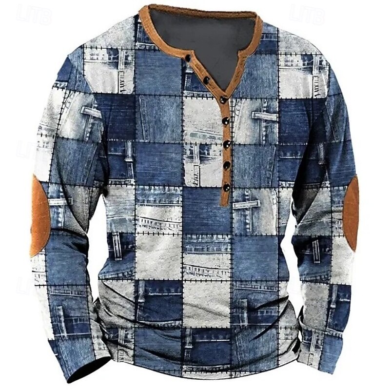 Men's Geometric Patchwork T Shirt Henley Shirt Tee Long Sleeve Vintage Designer Stylish Outdoor Casual Daily Spring & Summer All Seasons Blue Blue Brown Green Gray Henley Henley T-Shirt