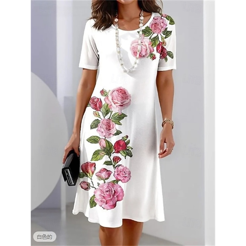 Women's Elegant Midi Dress T Shirt Dress Tee Dress Shift Dress Party Evening Casual Formal Daily Regular Fit Floral Abstract Short Sleeve Crew Neck White Pink Light Brown Spring3