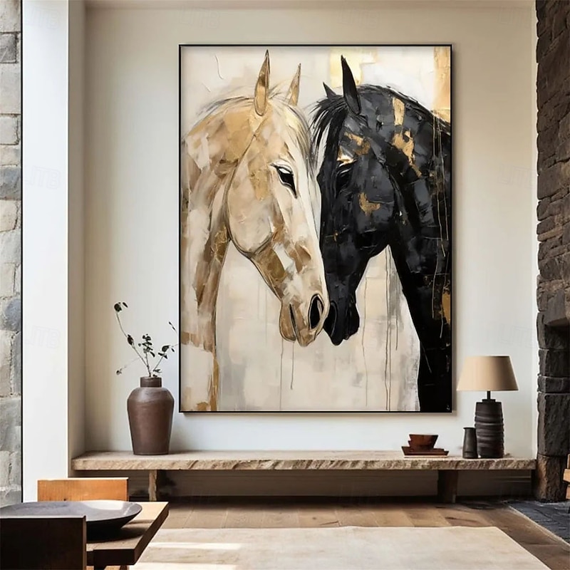 Handmade 3D Oil Painting Two Horses Portrait with Vibrant Gold Black Cream Tones Detailed Brushstrokes Layered Texture Rich Artistic Expression Modern Home Decor3