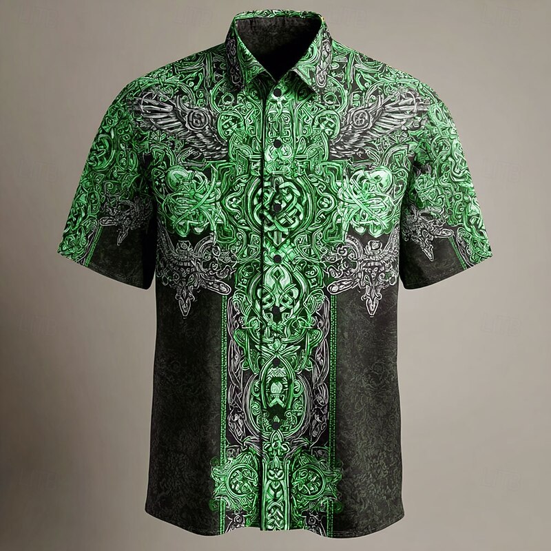 Men's Celtic Cross Shirt Summer Shirt Button Up Shirt Short Sleeve Vintage Retro Dailywear Holiday Summer Spring Turndown 3D Print Collared Shirts Front One Pocket Blue Brown Green Rose Red3