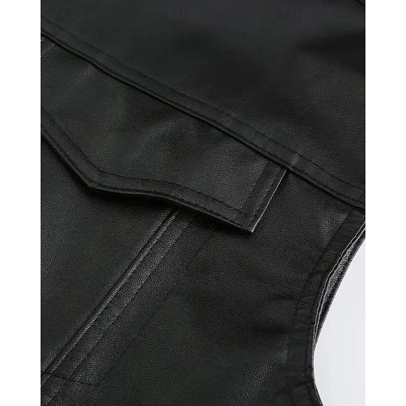 Men's Vest Gilet Faux Leather Vest Outdoor Daily Fashion Casual Spring Fall Pocket Buttons Polyester PU Leather Comfortable Plain Single Breasted One-button Stand Collar Regular Fit Black Vest4