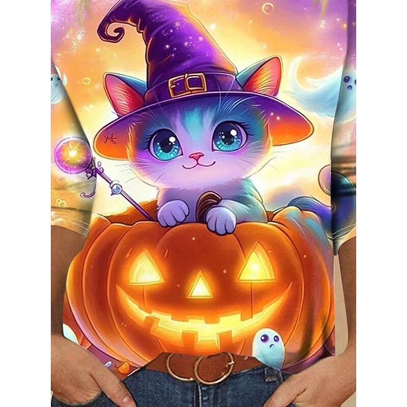 Halloween Women's T shirt Witch Long Sleeve Graphic Animal Cat Vintage Fashion Stylish Long Sleeve Half Sleeve Crew Neck Round Neck Regular Tops Daily Weekend Print Purple Orange Spring Fall Prefall3