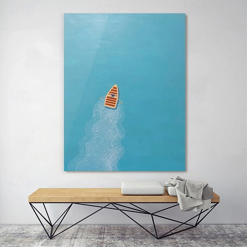Handmade Oil Painting Canvas Wall Art Decoration Abstract Minority Healing Style Blue Sea Boating Landscape for Home Decor Rolled Frameless Unstretched Painting3