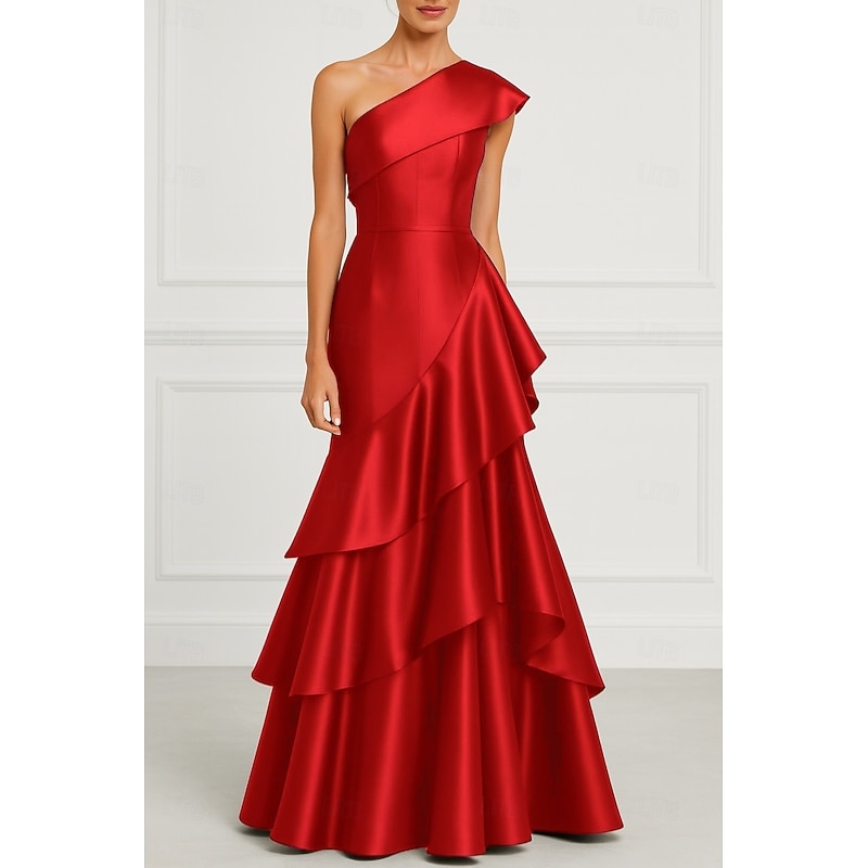 Blue Red A-Line Evening Gown Elegant Dress Formal Wedding Floor Length Sleeveless One Shoulder Satin with Ruffles 20254