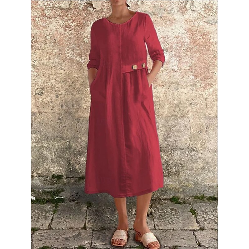 Women's Midi Dress Casual Dress Cotton Linen Dress Basic Modern Daily Weekend Regular Fit Plain 3/4 Length Sleeve Crew Neck Black White Yellow Red Summer Spring Fall4