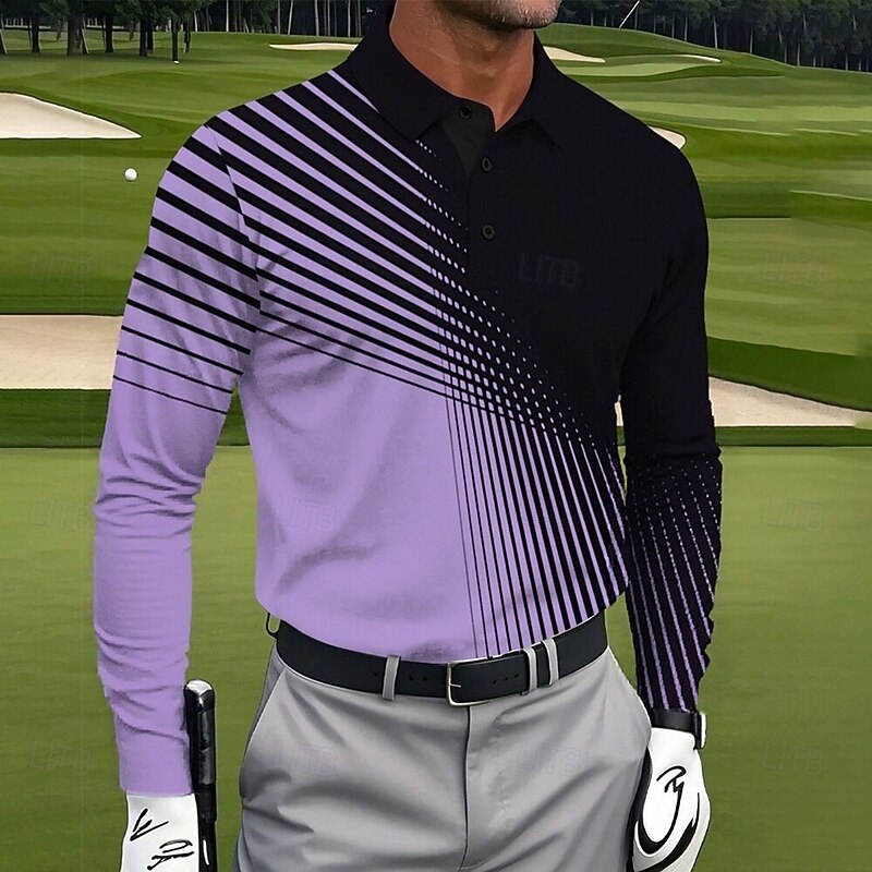 Men's Geometic Golf Polo Sports Polo Shirts Long Sleeve Polo Shirts Lapel Casual Athleisure Daily Wear 3D Print Buttons Spring Fall Winter White Blue Purple4