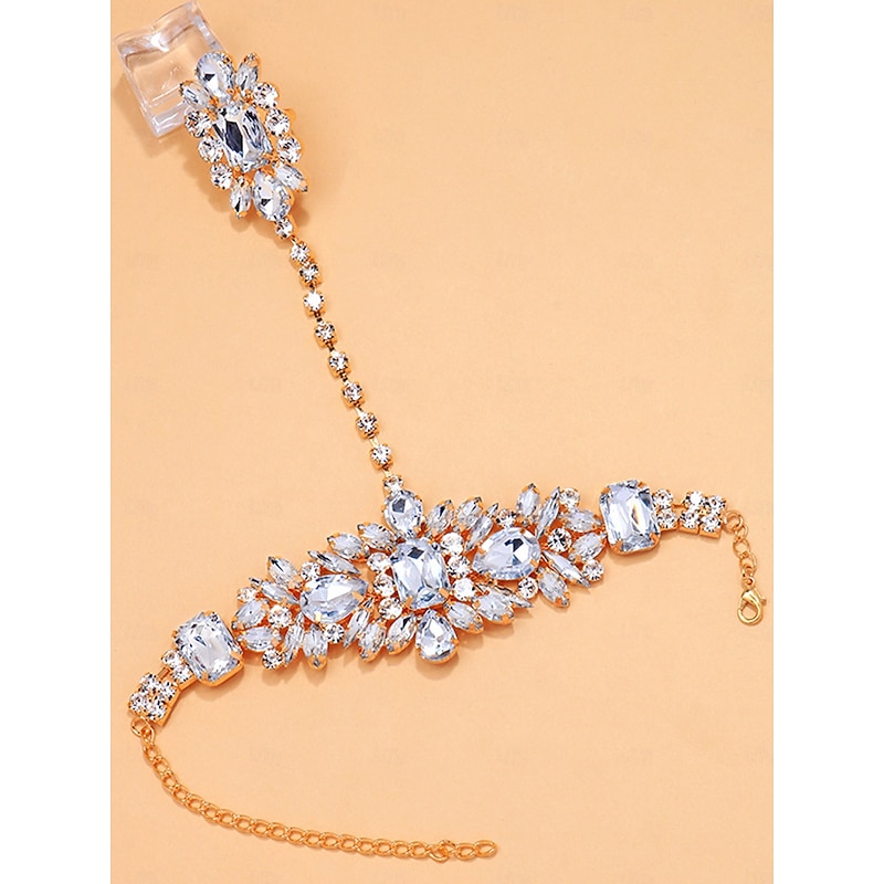 Women's Silver Rhinestone Hand Chain Bracelet with Statement Ring, Glamorous Jewelry for Parties and Special Occasions4
