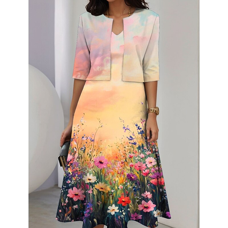 Women's Two Piece Dress Sets Midi Dress with Jacket Elegant A Line Dress Half Sleeve Casual Semi Formal Ombre Floral Print V Neck Date Light Yellow Blue Green Regular Fit4