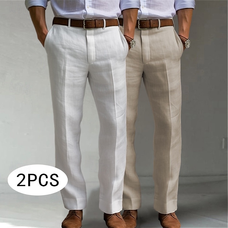 Men's Dress Pants Linen Pants Trousers Summer Pants Front Pocket Straight Leg Plain Comfort Breathable Full Length Casual Daily Holiday Fashion Classic Style White+khaki White+Dark Gray Inelastic