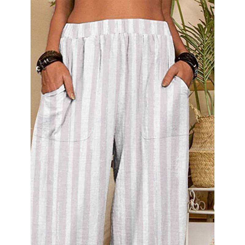 Women's Chinos Pants Trousers Active Fashion Long High Waist Stripe Pocket Elastic Waist Printing Breathability Soft Micro-elastic Vacation Street Daily Wear White Spring Fall Regular Fit2