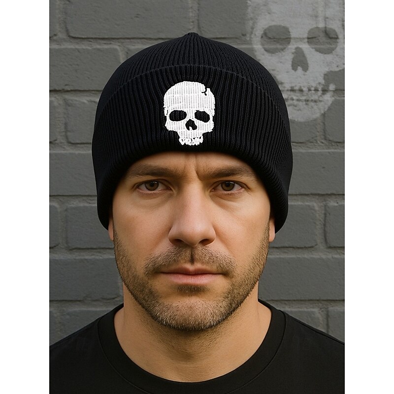 Men's Halloween Skull - Embroidered Acrylic Beanie, Stylish Streetwear, Ideal for Casual Outings & Festive Looks