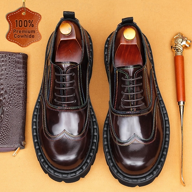 Men's Genuine Leather Derby Dress Shoes Classic Brown Lace-Up Business Formal Oxford Footwear for Office and Weddings