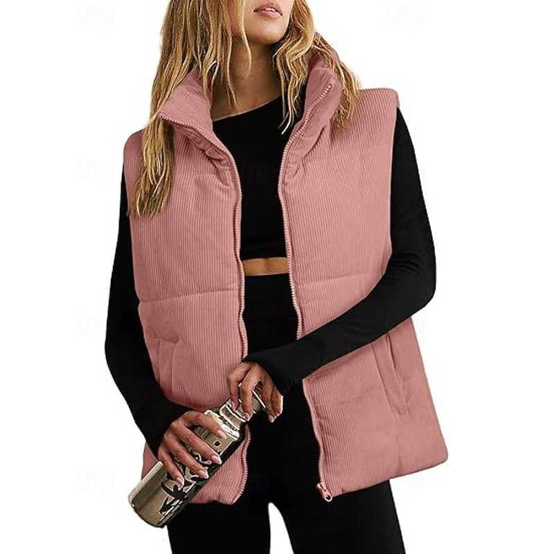 Women's Vest Warm Comfortable Zipper Pocket Fashion Plain Daily Wear Weekend Zipper Regular Stand Collar Regular Fit Sleeveless Outerwear Black Pink Brown Fall Winter