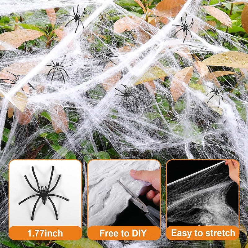 1800 sqft Halloween Spider Web, Bonus with 100 Artificial Spiders, Fabric Spider Webbing, Cobweb Halloween Decor for Indoor and Outdoor Party Supplies4
