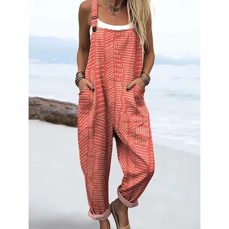 Women's Dungarees Active Floral Sleeveless Sleeveless Straight Square Neck Pocket with Pocket Vacation Daily Loose Fit Pink Orange Khaki Summer3