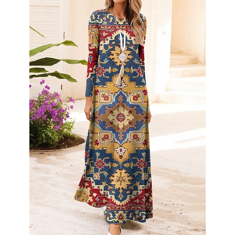Women's Maxi Dress Vintage Bohemian A Line Dress Crew Neck Long Sleeve Casual Daily Regular Fit Graphic Geometric Dark Red Red Blue Brown Summer Spring Fall Winter2