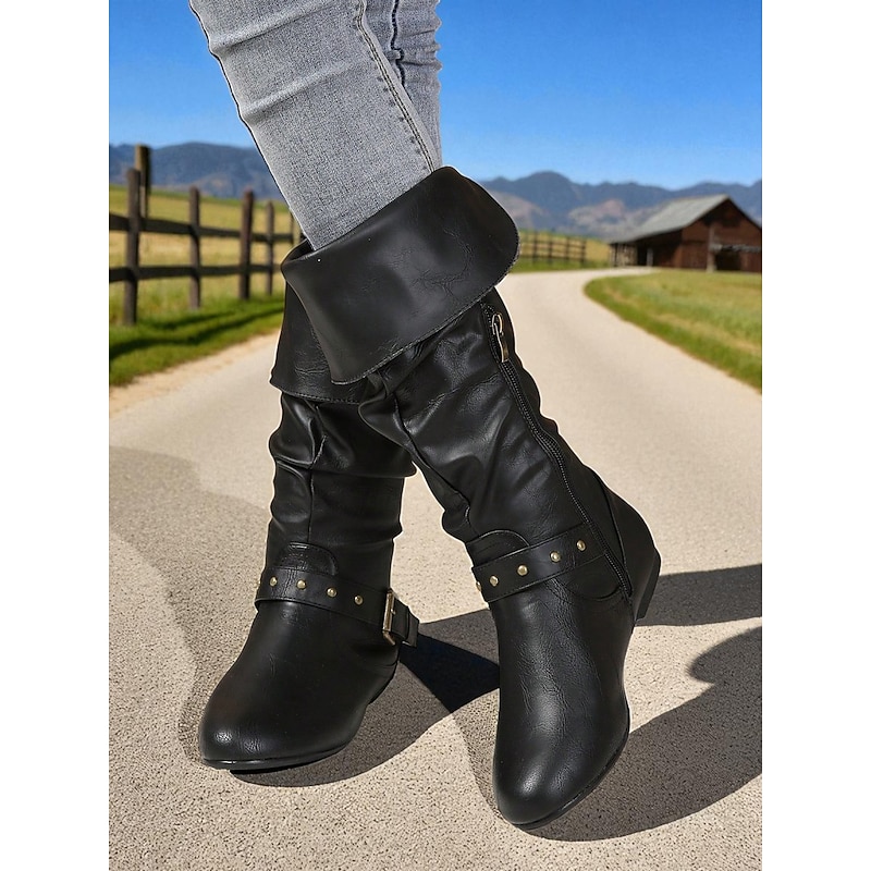 Women's Black Faux Leather Knee-High Slouch Boots – Side Zip and Buckle Strap Detail, Riding & Fall Fashion4