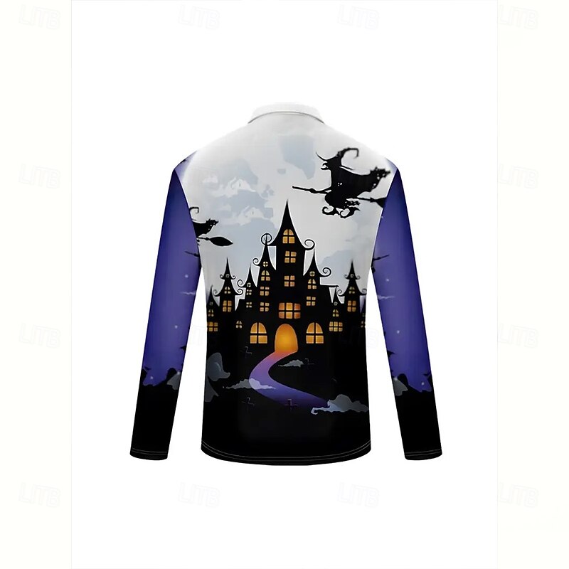 Halloween Men's Spooky Moon Witch Castle Polo Long Sleeve Turndown Vintage Style Modern Casual Sports & Outdoor Athleisure Casual Daily Zipper 3D Print Spring Fall Winter Violet2