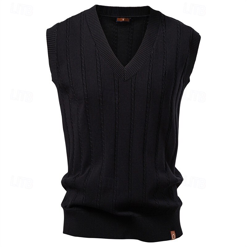 Men's Sweater Sweater Vest Pullover Sweater Jumper Ribbed Cable Knit Tunic Knitted Slim Fit Solid Color V Neck Knitwear Contemporary Casual Daily Wear Clothing Apparel Winter Spring &  Fall Black2